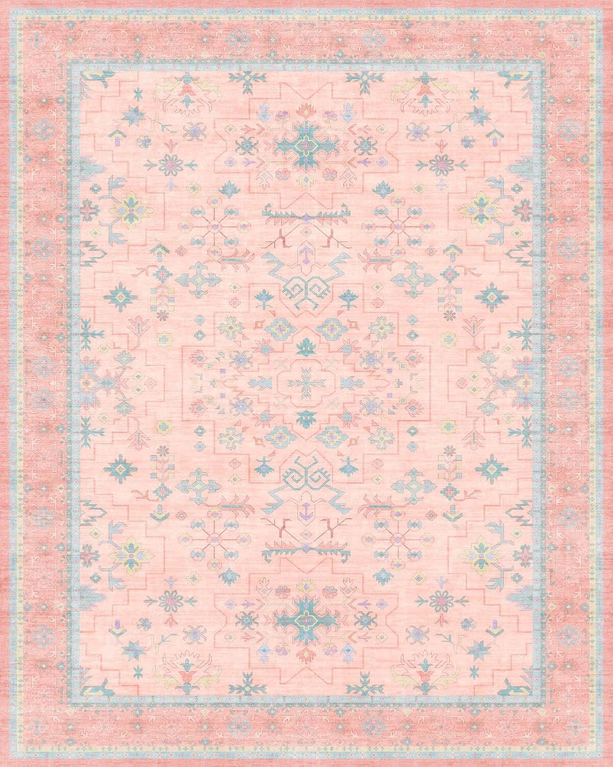 Oushak Rugs | Washable Pink & Blue 9x12 Area Rug - Soft Faux Wool, Modern Floral Design, Non-Slip