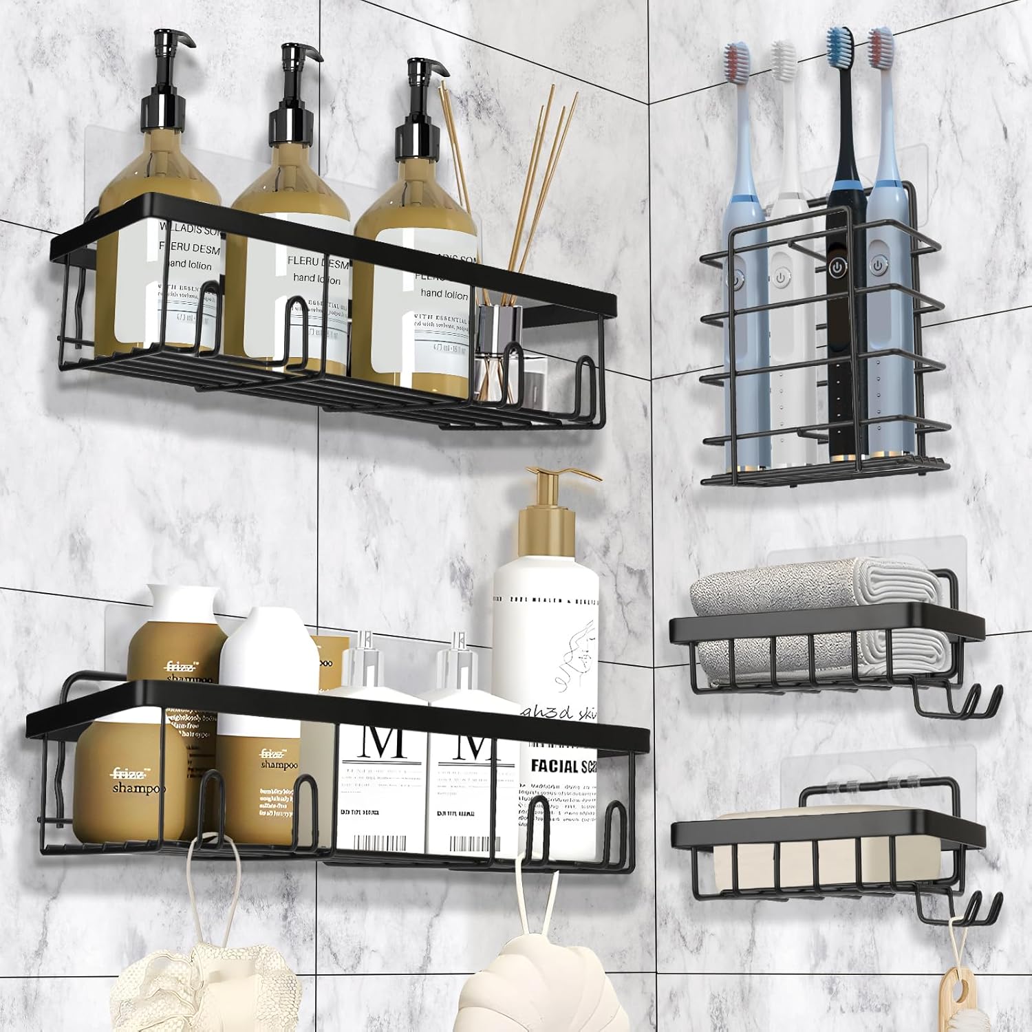 Skiennix Shower Caddy - 5 Pack Adhesive Organizer for Bathroom & Kitchen | No Drilling, Rustproof Stainless Steel