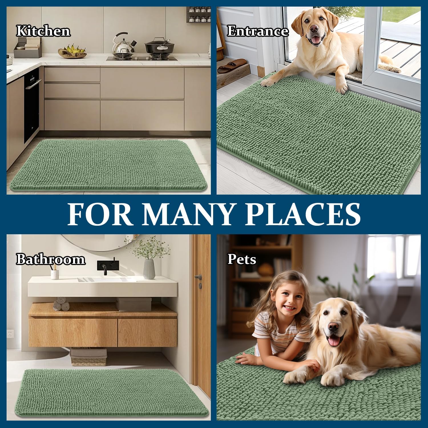 OLANLY Dog Door Mat - Absorbent Non-Slip Washable Doormat for Muddy Paws | 70x32 Olive Green