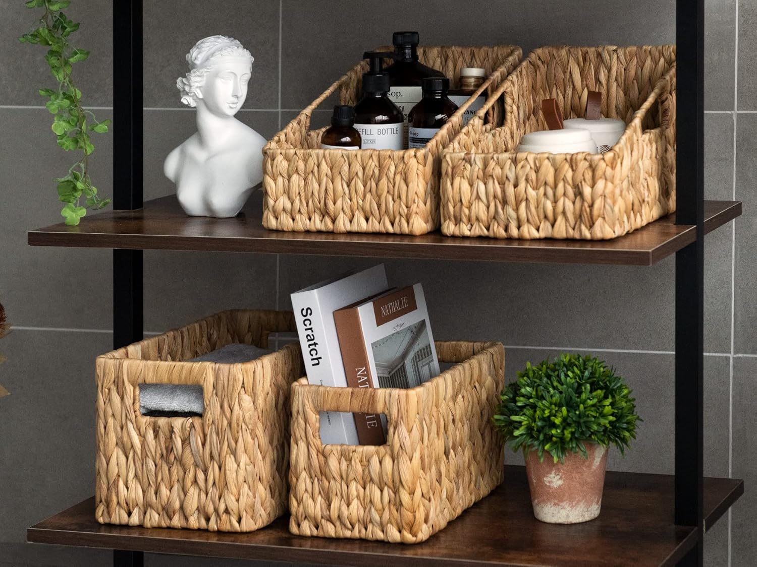 StorageWorks Wicker Baskets - Handwoven Water Hyacinth with Built-in Handles for Bathroom Organization - Medium & Small, 2 Pack