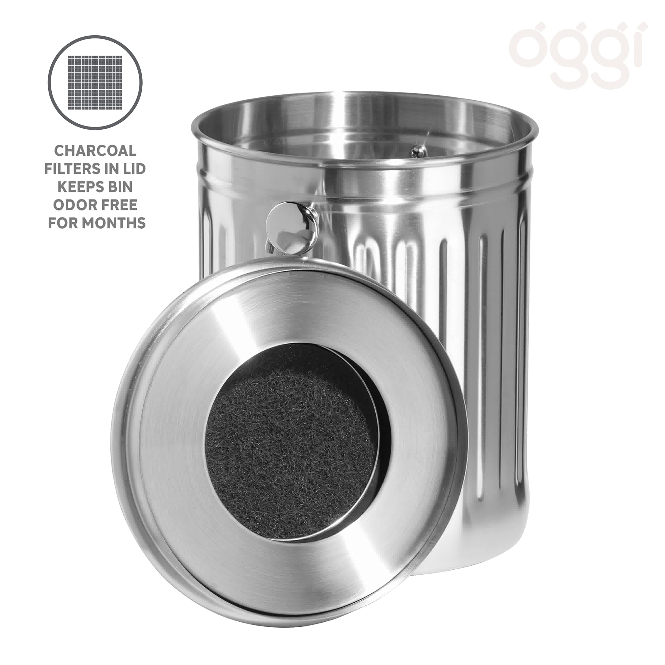 OGGI Countertop Compost Bin with Lid-1 Gallon Indoor Compost Bin w/Charcoal Filter, Stainless Steel Compost Container, Ideal Kitchen Compost Pail, Eco Friendly Products