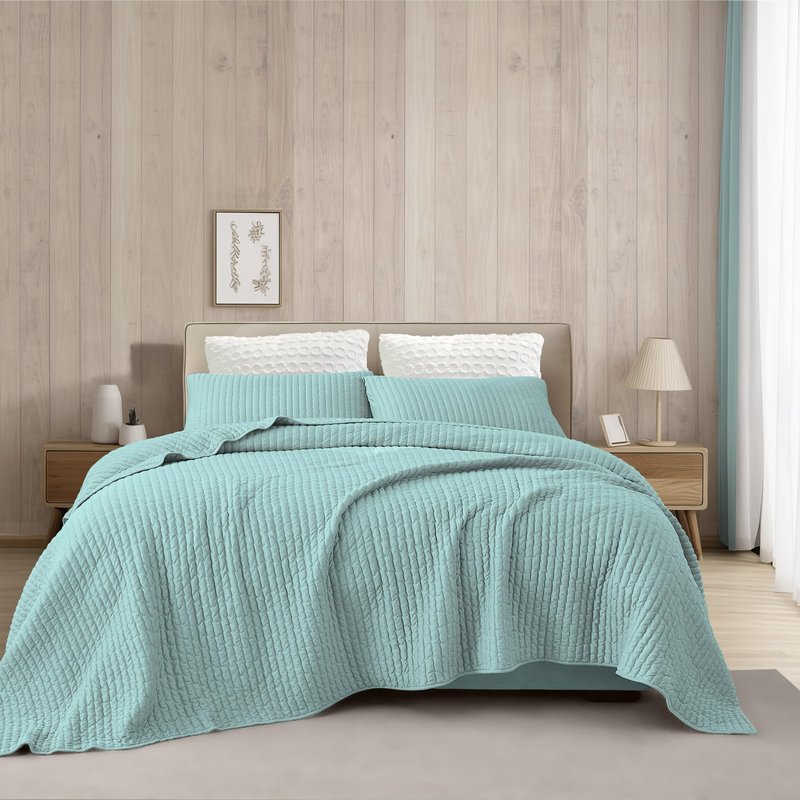 Wonderful 3PC Jersey Knit Reversible Queen Quilt Set, Lightweight Summer Comforter, Luxurious Breathable, Soft Cozy Stretchy, Carbon Brushing, Fade Resistant, Machine Washable (Dusty Turquoise, Full)