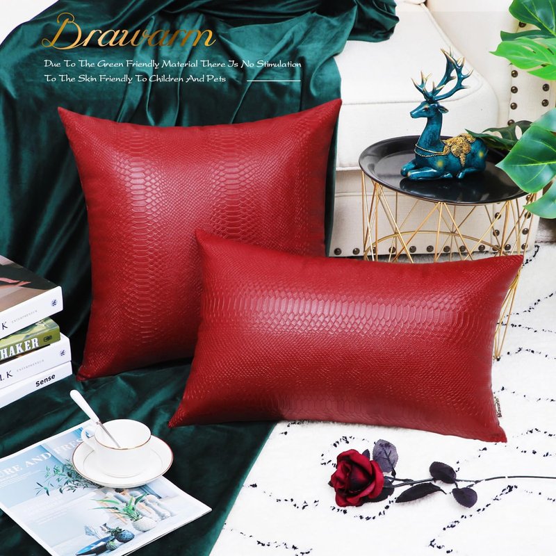 BRAWARM Christmas Red Leather Throw Pillows 22 X 22 Inches, Snake Leather Pillow Covers Pack of 2, Faux Leather Decorative Pillow Covers for Couch Living Room Garden Bed Sofa Home