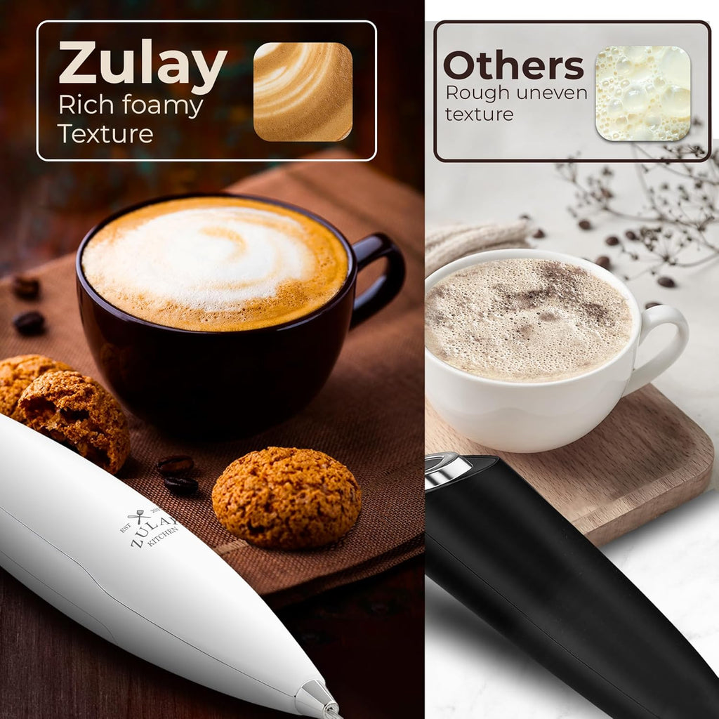 Zulay Kitchen Tornado Triple Whisk Milk Frother - Handheld Foam Maker for Coffee & Lattes | Blizzard White, 4 Batteries Included