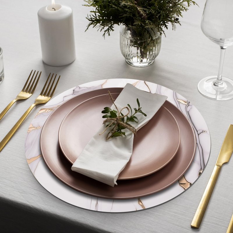 EVER ISLAND 50pcs Gold and White Marble Round Paper Placemats, 13" Disposable Charger Place Mat, Table Mats for Dining Table Setting Decor Wedding Banquet Birthday Party Bridal and Baby Shower Events