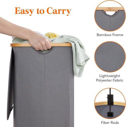 Lifewit 150L Laundry Basket - Foldable Hamper with Lid, Bamboo Handles & 2 Removable Bags | Grey