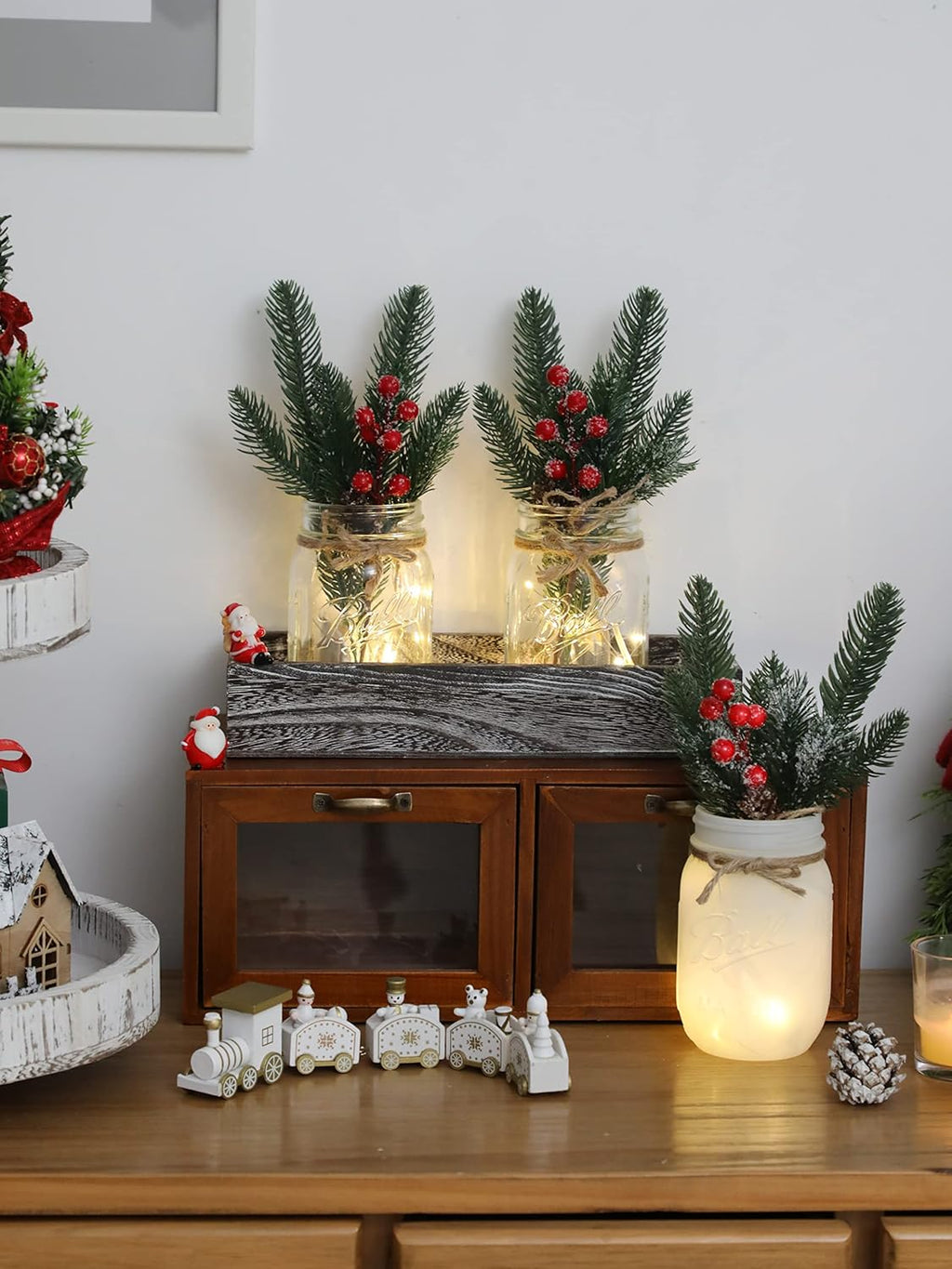 Skiennix Winter Mason Jar Centerpiece - LED Lights & Artificial Plants | Set of 3 for Festive Home Decor