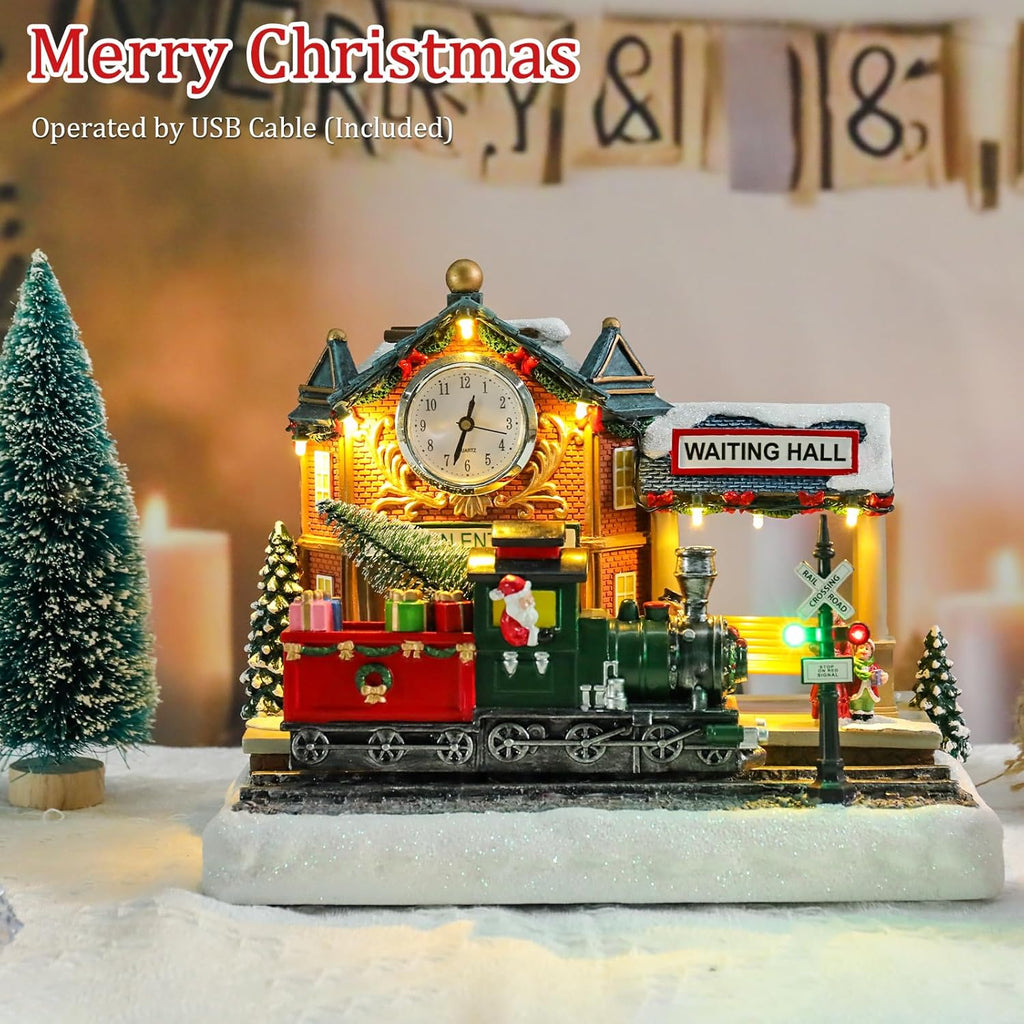 VCUTEKA Lighted Animated Christmas Village Train Station | Musical Santa Decor for Holiday Display