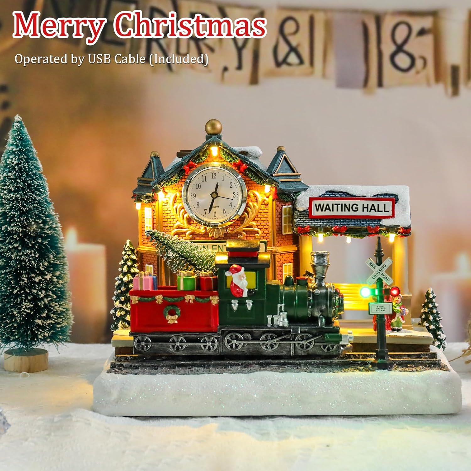 VCUTEKA Lighted Animated Christmas Village Train Station | Musical Santa Decor for Holiday Display