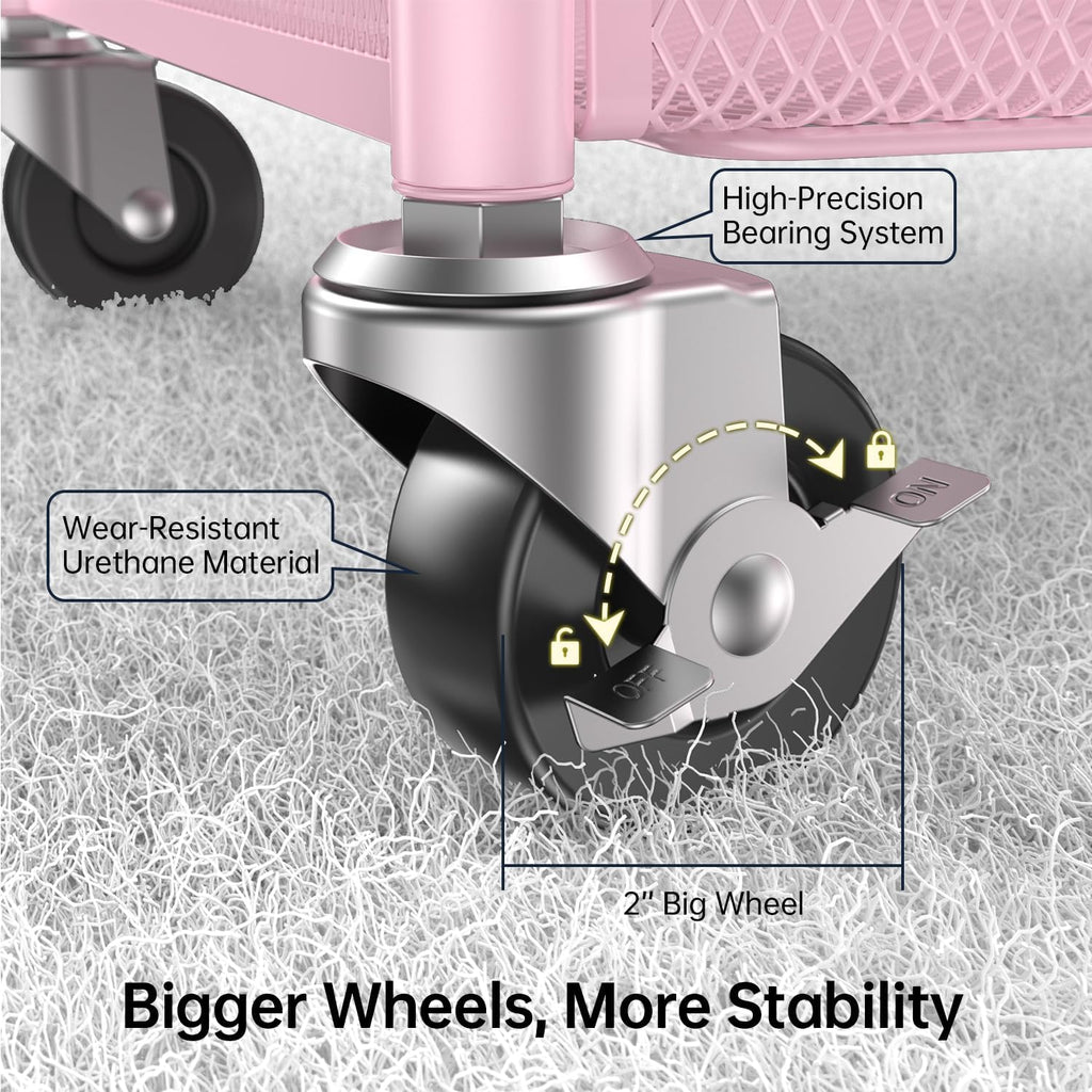 YASONIC 3-Tier Rolling Cart - Metal Utility Storage with Wheels & Hooks | Pink Craft Organizer