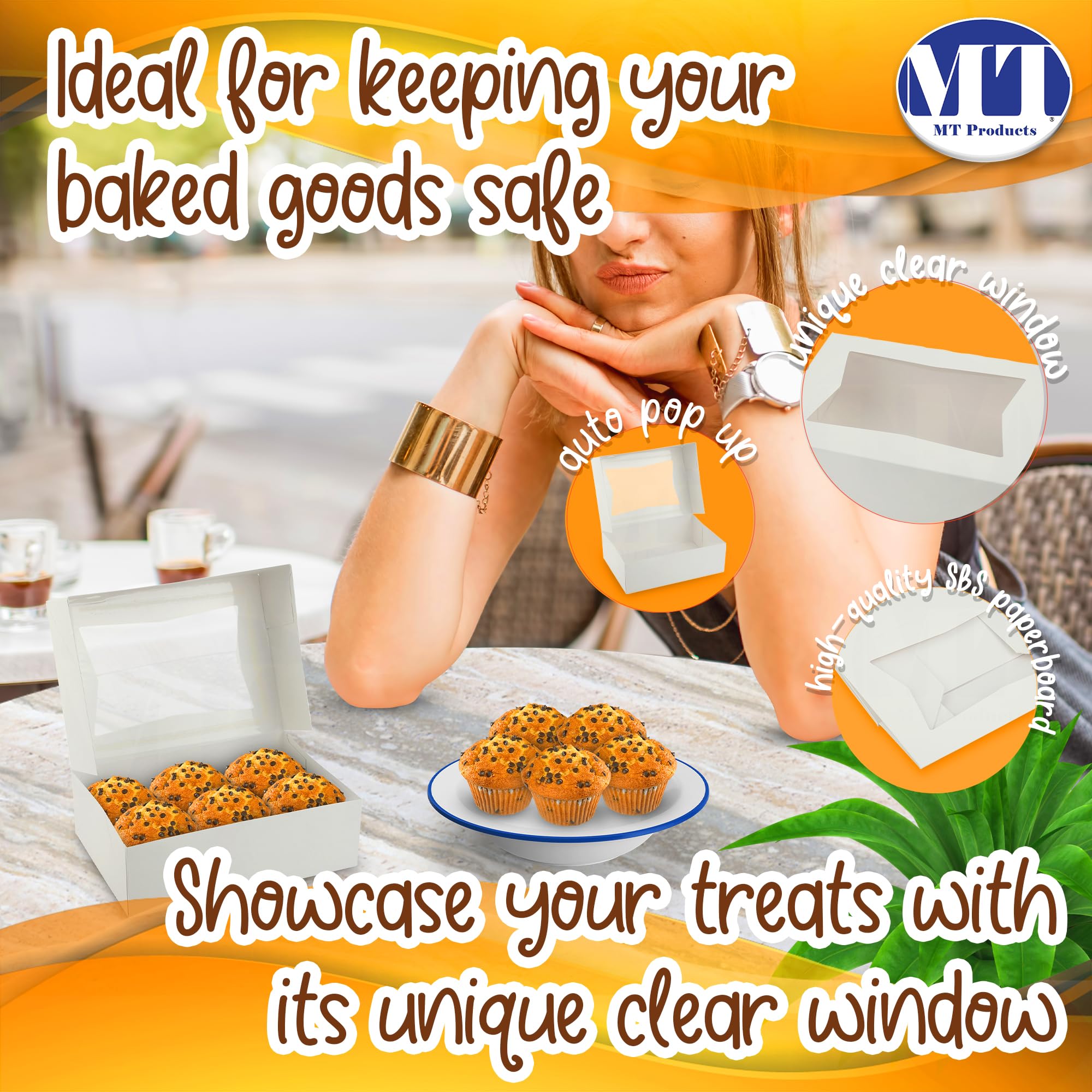 MT Products Cupcake Boxes 8" x 5.75" x 2.5" - Auto Pop-Up Bakery Boxes with Window (Pack of 25) - Made in the USA