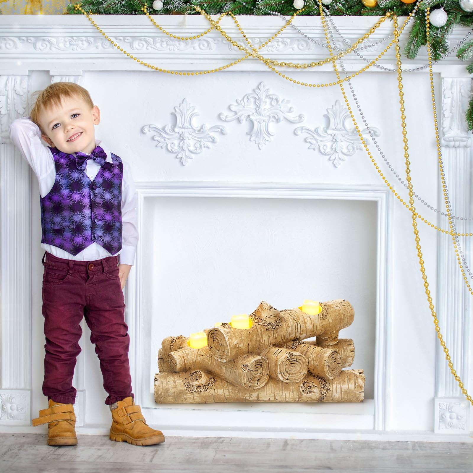 Mumufy Faux Fireplace Logs Fireplace Candle Holder for Inside Fireplaces, Rustic Wood Tealight Candle Holder for Decorative Christmas, Home, Wedding Decoration, Table Centerpiece