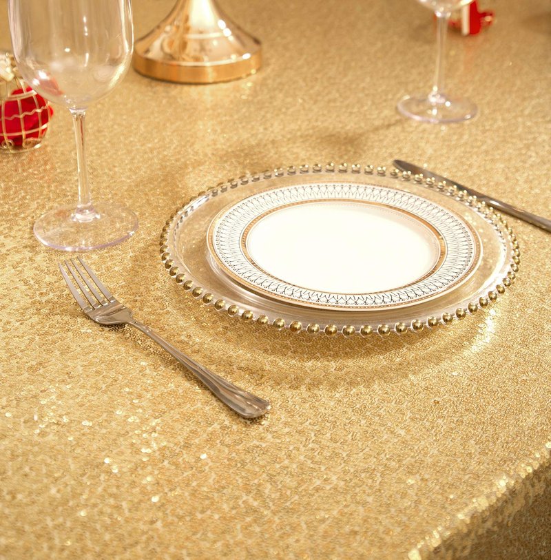 PartyDelight 120" Round Gold Sequin Tablecloth High-Density 3mm Stitched Sequins Floor-Length Shimmering Cover for 5ft/60 Circular Banquet Tables, Wedding Receptions