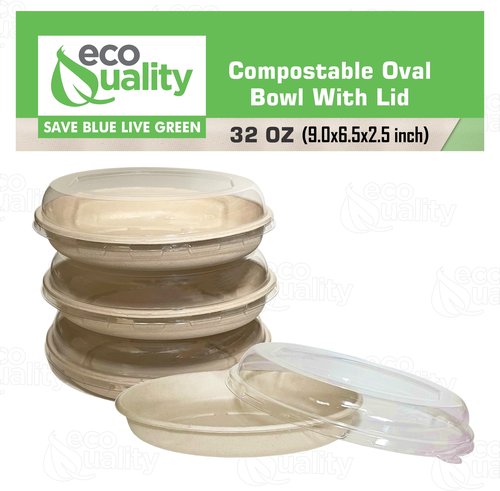 32 oz Disposable Compostable Fiber Oval Burrito Bowls with Dome Lids Heavy-Duty, Eco-Friendly Natural Bagasse Unbleached, Heat Resistant, Biodegradable Paper Salad Bowls Alternative to Plastic (25)