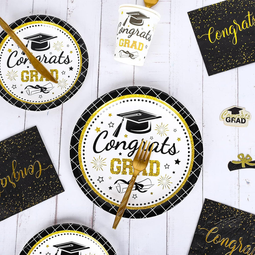 Whaline Graduation Party Supplies Set - 175 Pcs Disposable Tableware for 25 Guests | Plates, Napkins, Cups & Cutlery