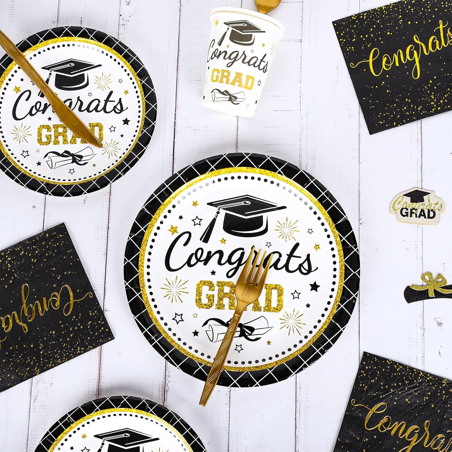 Whaline Graduation Party Supplies Set - 175 Pcs Disposable Tableware for 25 Guests | Plates, Napkins, Cups & Cutlery