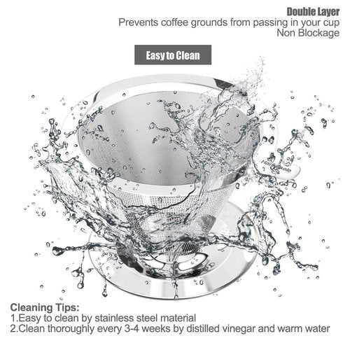 Hanlomele Pour Over Coffee Dripper, Paperless Reusable Coffee Filter, Pour Over Coffee Maker for Single Cup Brew, Double Mesh Design of Stainless Steel Cone Filter for Perfect Extraction (1-4 Cup)
