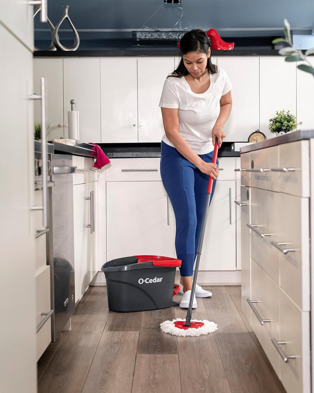 O-Cedar EasyWring Microfiber Spin Mop & Bucket Cleaning System - Includes 2 Extra Refills, Red/Gray