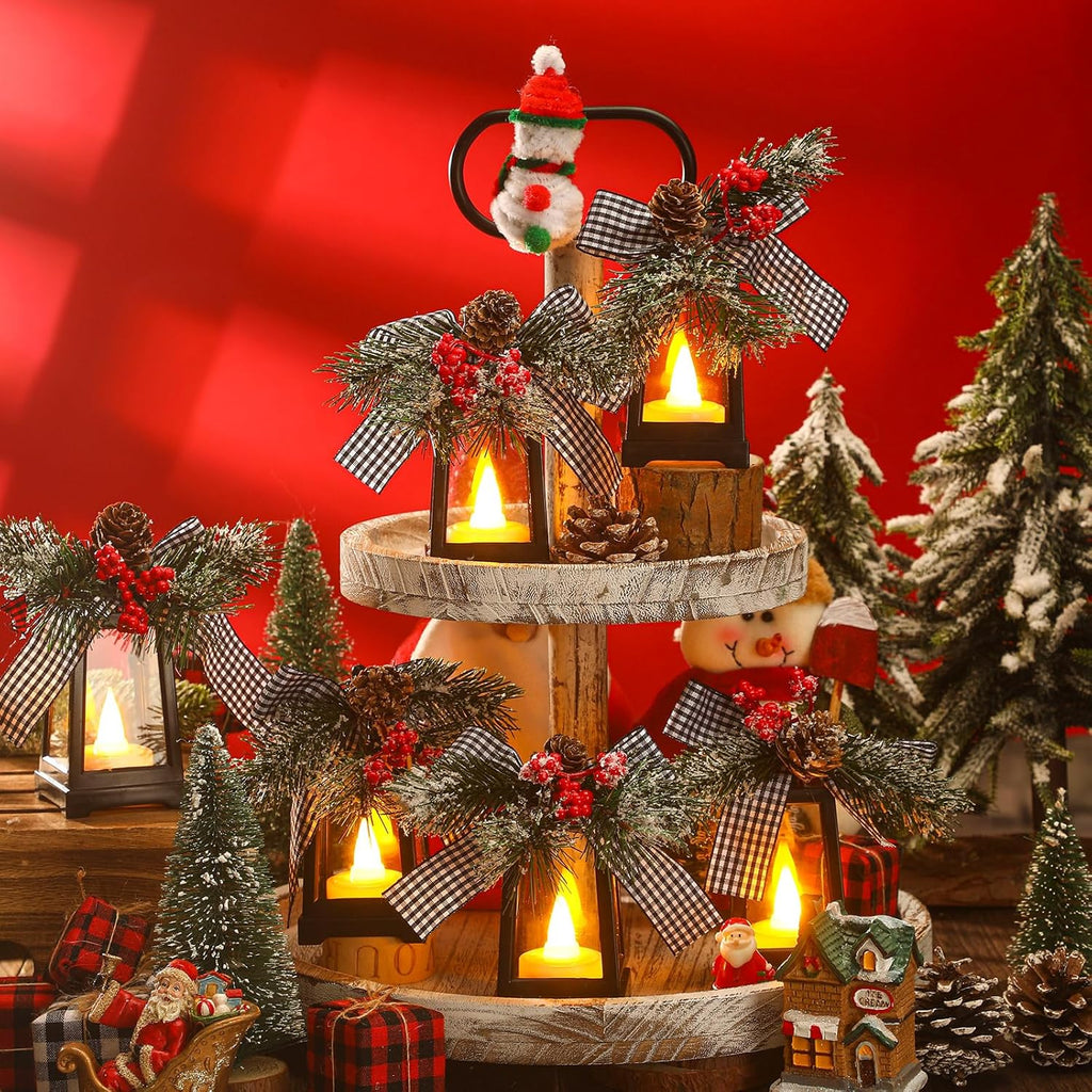 Regine Switzerland Christmas Mini Lanterns - Set of 6 Flickering LED Flameless Decor | Black & White Bow