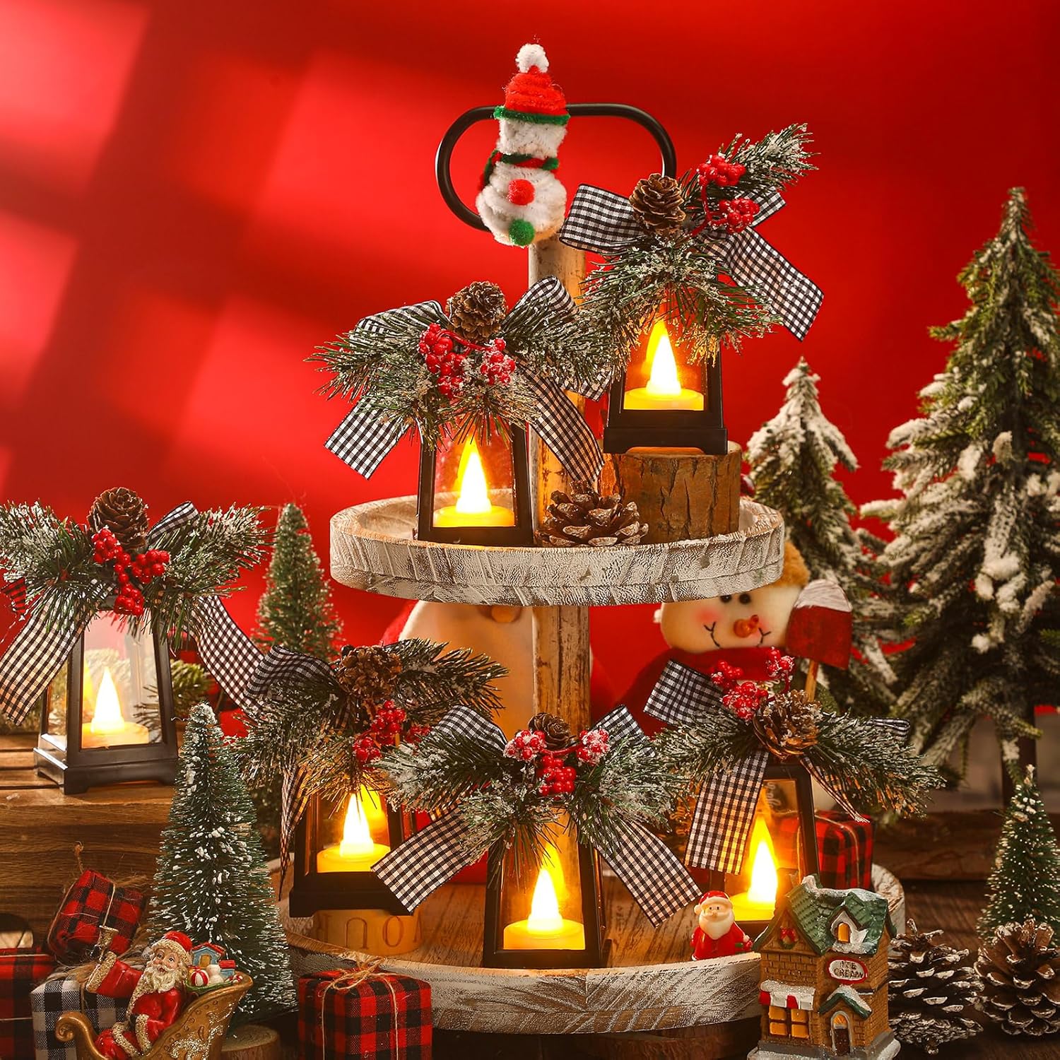 Regine Switzerland Christmas Mini Lanterns - Set of 6 Flickering LED Flameless Decor | Black & White Bow