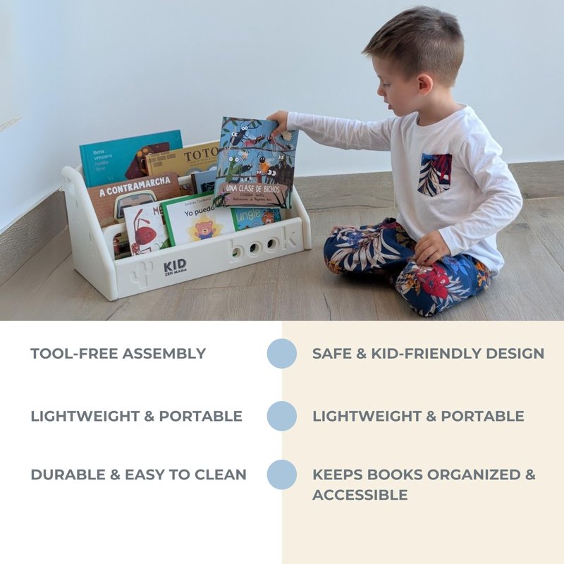 Kid Zen Mama Kids Bookshelf – 3-Tier Montessori Bookcase, Small Storage for Toddlers, Lightweight, BPA-Free HDPE, Rounded Edges, Tool-Free Assembly, Easy to Clean, Perfect for Nursery and Playroom