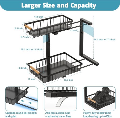 Liuoud Under Sink Organizer - 2-Tier Adjustable Pull-Out Cabinet Storage Rack | Large Capacity, Black