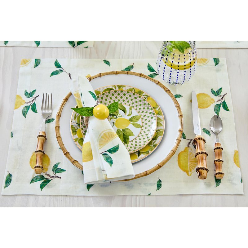 Solino Home Lemon Print Placemats 14 x 19 Inch - 100% Pure Linen Tablemats Set of 4 - Printed Linen Placemats for Spring, Summer, Mothers Day - Botanical Lemon/Off White Print