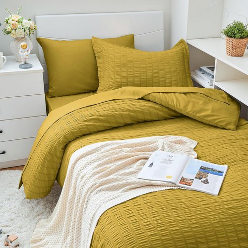 HYMOKEGE Twin XL Comforter Set - Mustard Yellow Seersucker 5-Piece All-Season Luxury Bedding Set