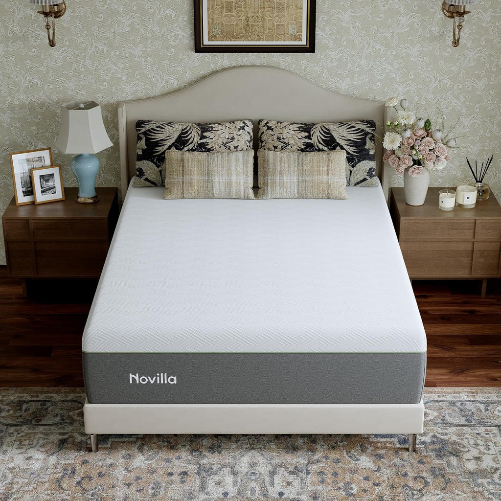 Novilla Bliss Green Tea Mattress - 12 Inch Gel Memory Foam Queen Size for Hot Sleepers | Cool Comfort & Back Pain Relief