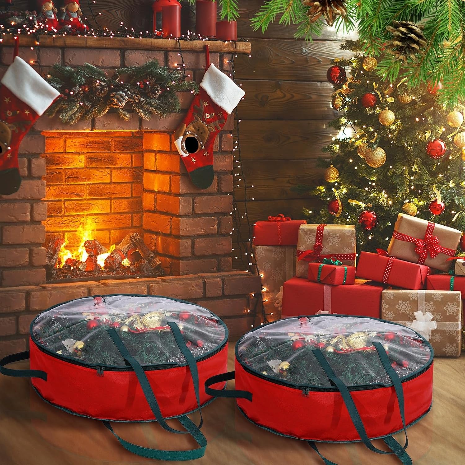 Shappy Wreath Storage Bag - 8 Pcs Clear Box with Window & Handle for Holiday Decor | Red
