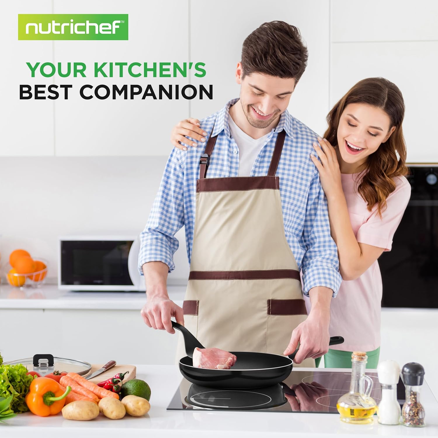 NutriChef 17-Piece Non-Stick Cookware Set - Space-Saving, Induction-Compatible, Black Pots & Pans with Heat-Resistant Utensils