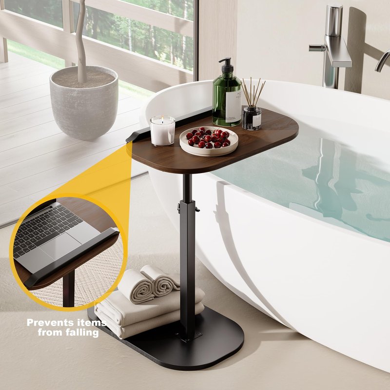 C Shaped End Side Table with Anti-Drop Rod, Adjustable Height & 360° Swivel Snack Table for Couch, Sofa, Bedroom, Living Room, TV Tray Table for Eating, Dinner or Laptop, Small Spaces, Walnut