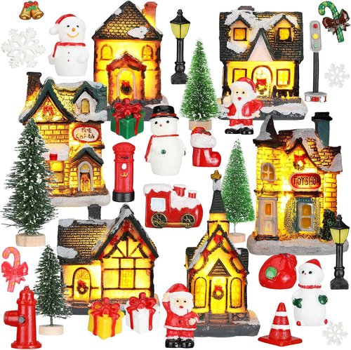 Liliful Christmas Village House Set - 46 Pcs Lighted LED Figurines for Holiday Decor | Rustic Desktop Ornaments