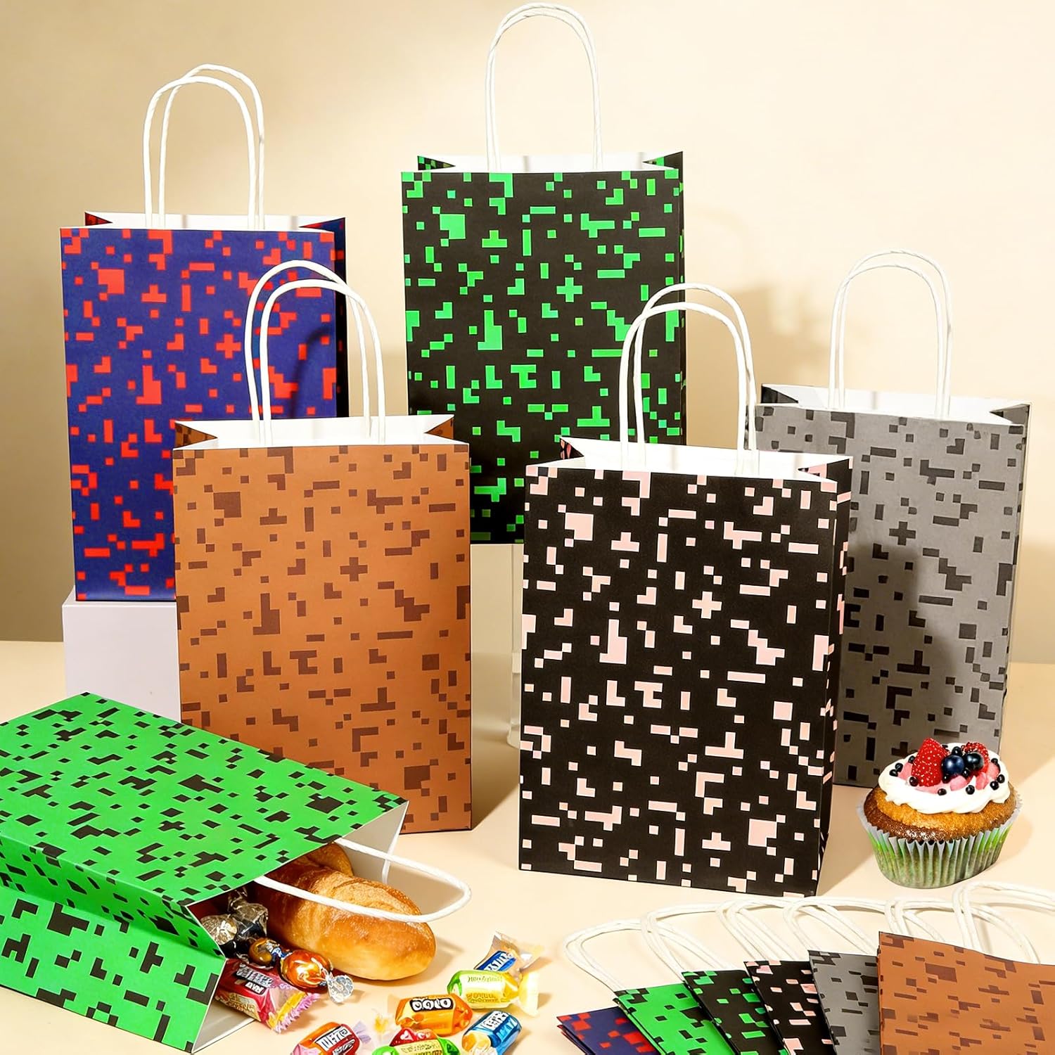 Skiennix Pixel Party Favor Bags - 12 PCS Video Game Themed Treat Bags with Handles for Kids' Birthdays