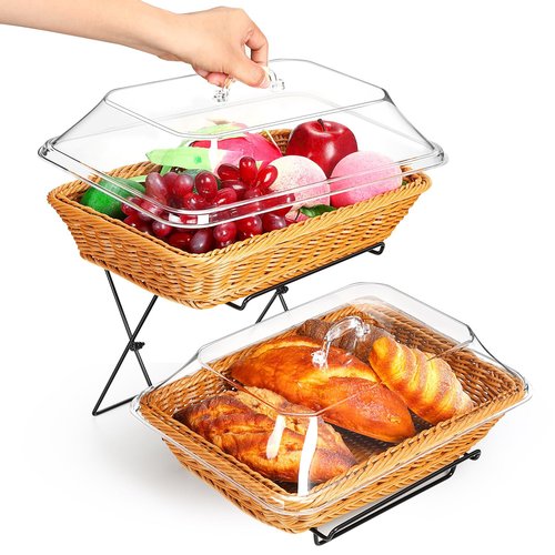 Ziliny 2 Pack Wicker Bread Basket for Serving, Imitation Rattan Bread Basket with Acrylic Lid and Metal Display Stand Rectangle Woven Fruit Basket with Cover for Food Display Tabletop 13.78 x 9.84''