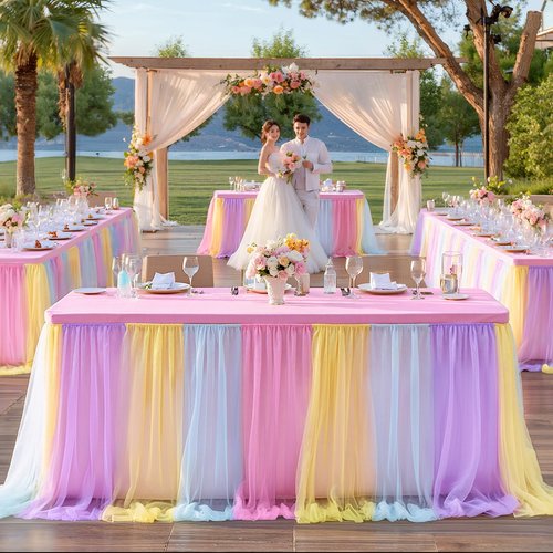 Wish Care Rainbow Tulle Tablecloth for 6 Foot Rectangle Tables Double Layer Tulle Tutu Desk Skirt Unicorn Ruffle Pastel Table Cloth Stretch Fitted Table Covers for Girls Birthday Baby Shower Party