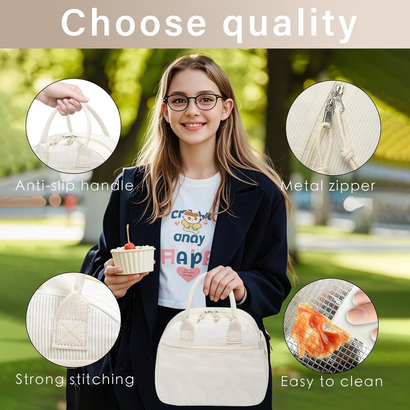 Carry bloom Lunch Box for Women, Insulated Lunch Bag Cute Corduroy Lunchbox Reusable Tote Bags for Work (beige corduroy)