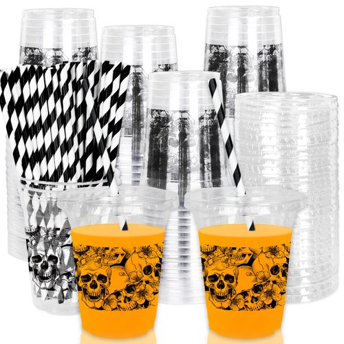 Whaline 50Pcs 12Oz Halloween Disposable Plastic Cups with Lids and Straws Black Gothic Sketch Skull Floral Cold Beverage Drinking Cups for Trick or Treat Party Supplies