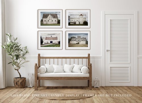 Lisa Russo Fine Art - Barn Landscape Pictures for Country Farmhouse Wall Decor - Set of 4 - Not Framed - White, Blue, Green (4 8x10 Prints Only)