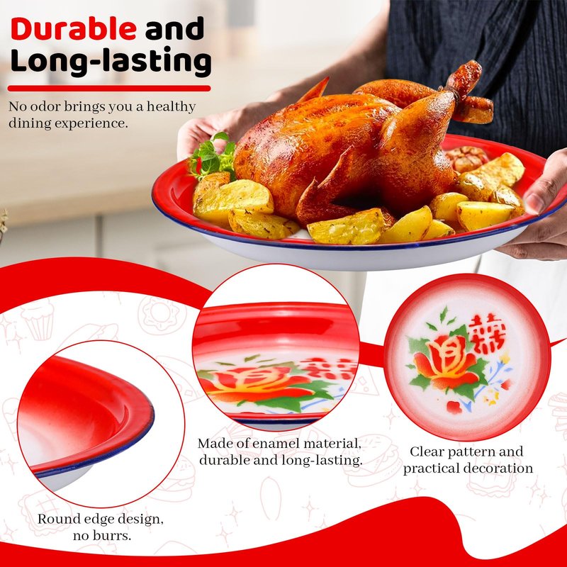 SNOMEL 2 Pcs Enamel 11.7 In Serving Platters and Trays, Large Serving Dishes for Entertaining Chinese Vintage Style, Round Turkey Platters for Food Party Thanksgiving Snack Dessert Meat