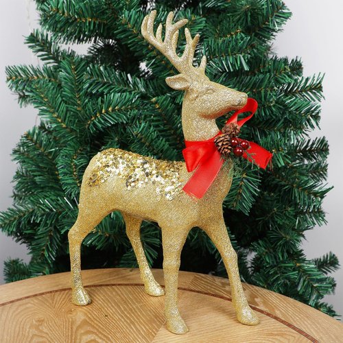 Juegoal Glitter Golden Reindeer Figurines - Set of 2 Christmas Tabletop Decorations | 12.6" Xmas Ornaments