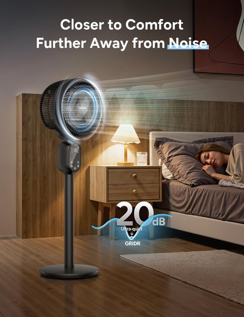 GRIDR Fan For Bedroom, Pedestal Fans 90°+90° Smart Oscillating, Standing Fans for Home 12 Speeds, 4 modes, 12H Timer, Quiet Floor Fan with DC Motor 20dB, 90ft for Room, 22-35'' Adjustable Height