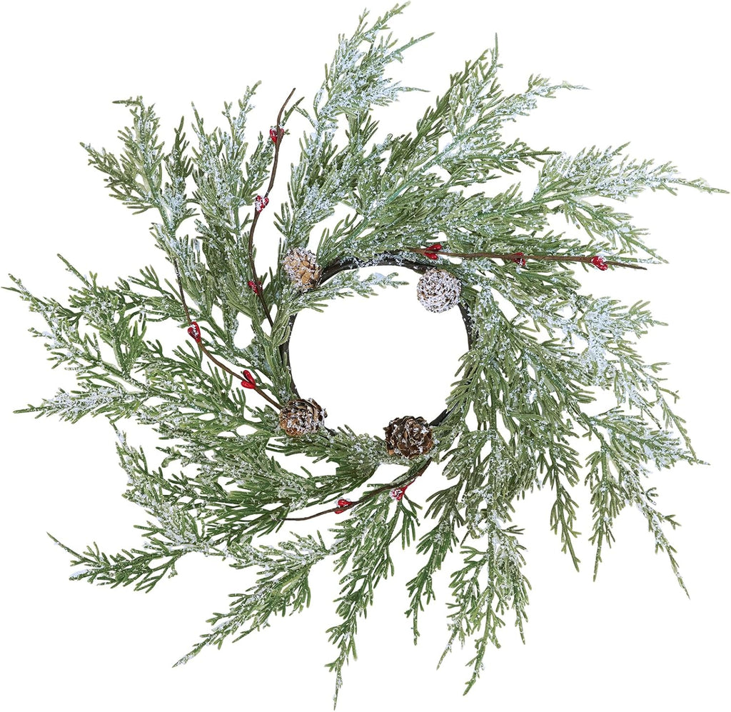 Winlyn Artificial Snowy Cedar Pine Candle Rings - 4 Pcs Winter Wreaths with Pine Cones & Red Berries | 15.7" Wide for Holiday Décor