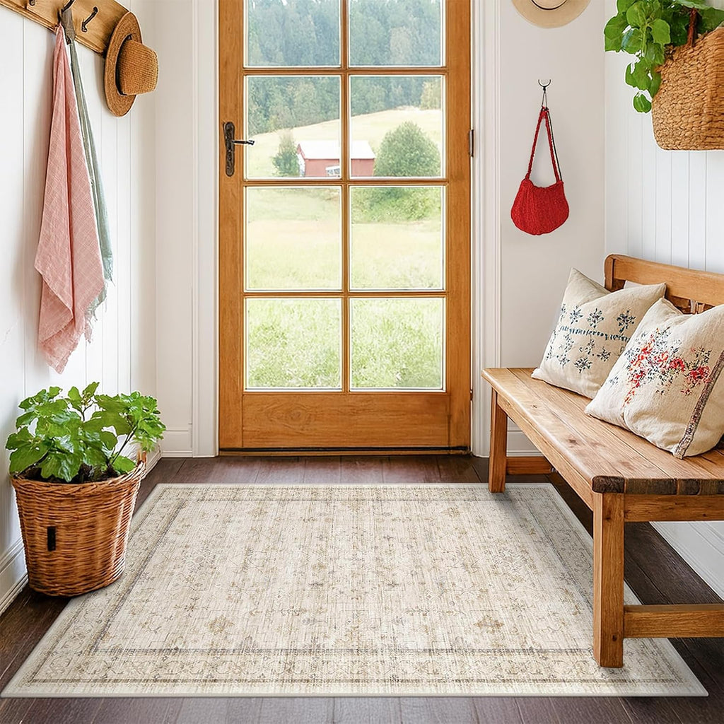 Vintage 3x4 Beige Indoor Rug - Washable Non-Slip Geometric Pattern for Kitchen, Bedroom & Entryway