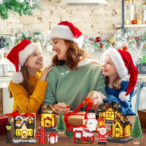 Liliful Christmas Village House Set - 46 Pcs Lighted LED Figurines for Holiday Decor | Rustic Desktop Ornaments