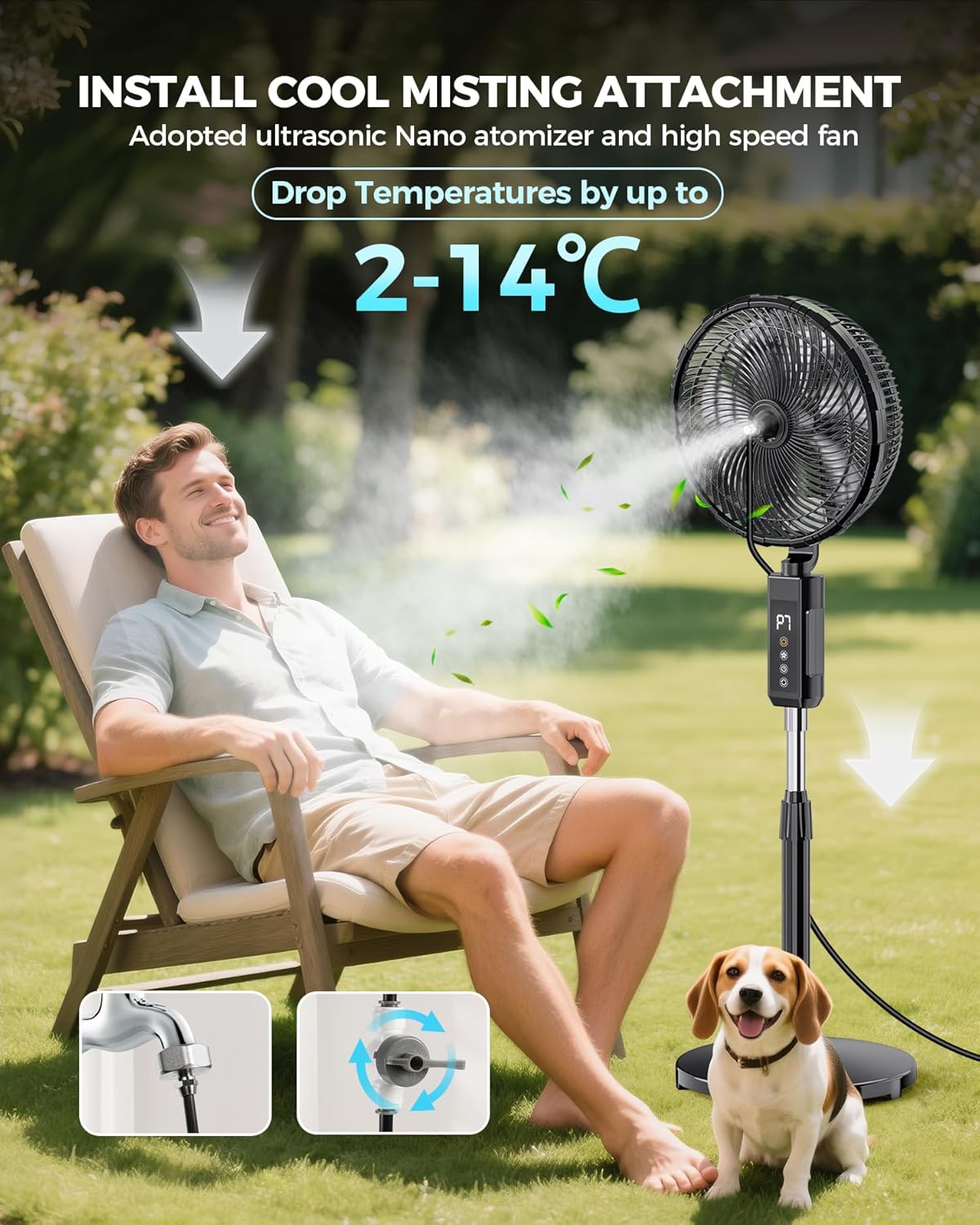 Skiennix Outdoor Misting Fan - 12-Inch 20000mAh Portable Cooling Fan for Patios & Bedrooms | 2-in-1 Oscillating Design with Remote & Timer
