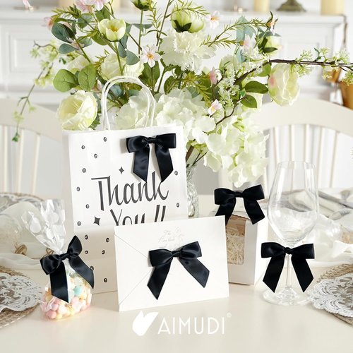 AIMUDI Black Satin Bows - 3.5" Premade Twist Tie Bows for Gift Wrapping & Crafts | 50 Pack