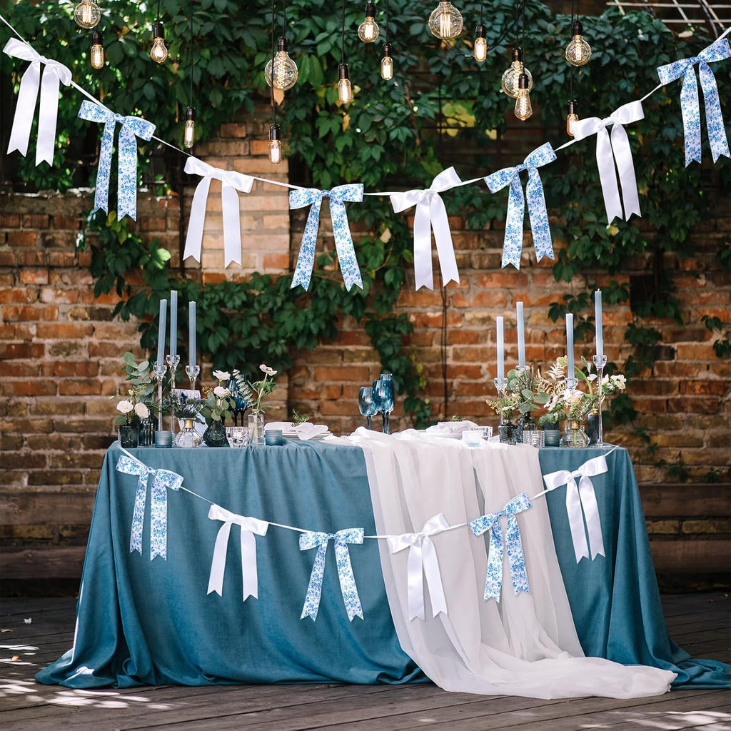 Vintage Floral Bow Garland - 6.65 Ft Blue & White Satin Ribbon Banner for Weddings & Parties