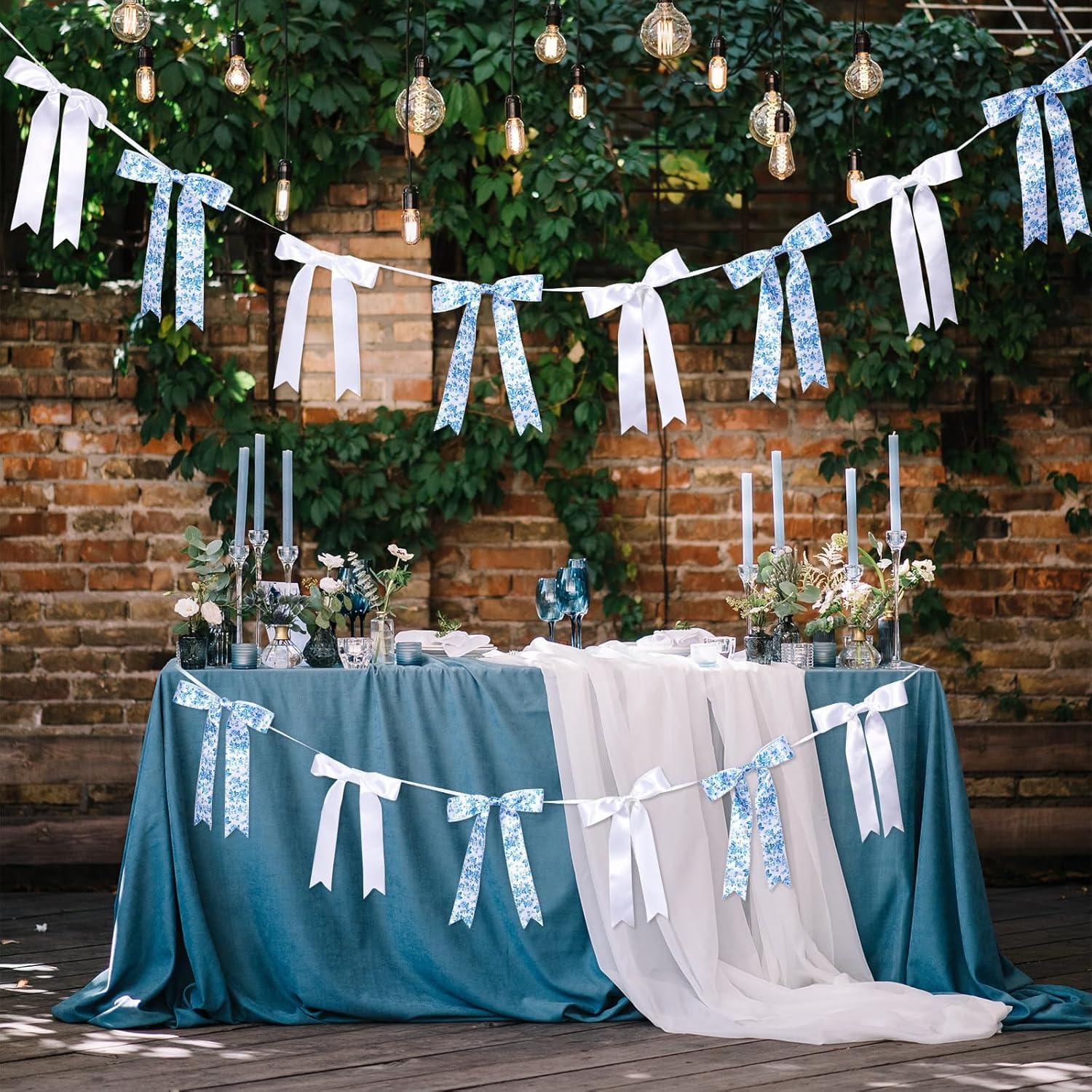 Vintage Floral Bow Garland - 6.65 Ft Blue & White Satin Ribbon Banner for Weddings & Parties