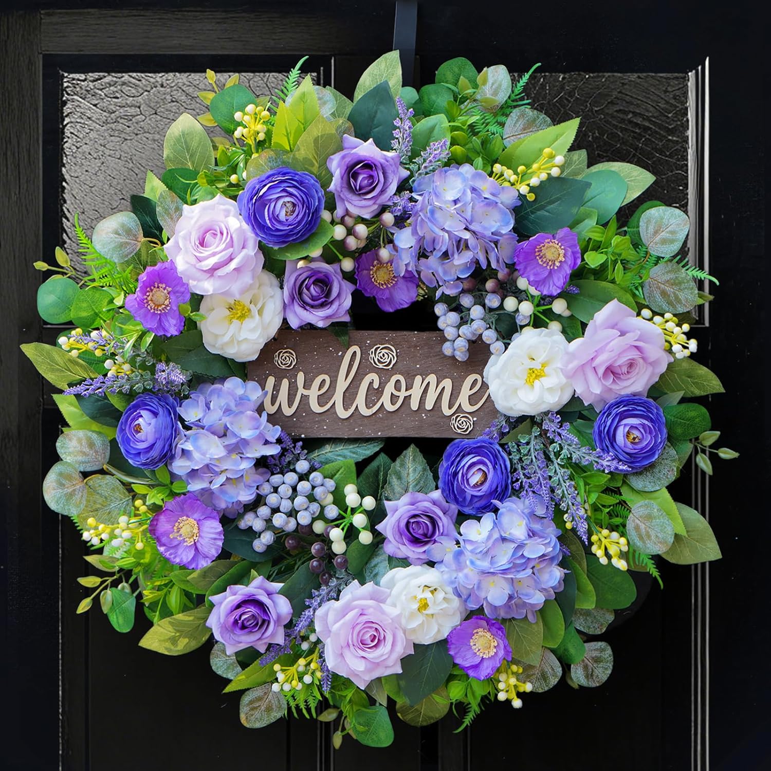 Regine Switzerland 24-Inch Spring Wreath - Luxury Purple Floral Design with Welcome Sign for Front Door Decor